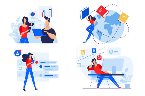 Flat design concept of staff education, training and courses, online education. Vector illustration for website banner, marketing material, presentation template, online advertising.