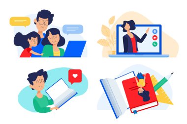 Aile eğitiminin düz tasarım konsepti, online öğretim, öğrenme. Web sitesi afiş, pazarlama malzemesi, sunum şablonu, online reklam için Vektör illüstrasyon.