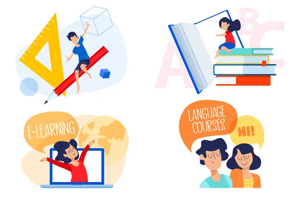Płaska Koncepcja Projektowania Edukacji Learning Szkoła Językowa Ilustracja Wektorowa Dla — Wektor stockowy