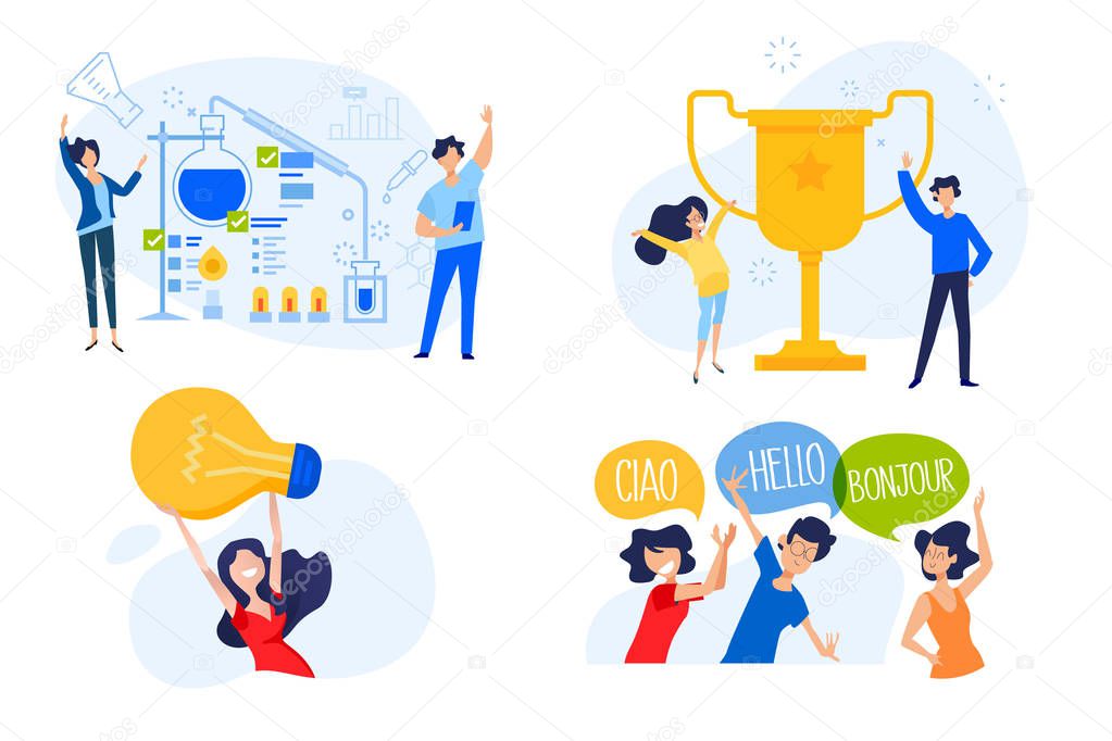 Flat design concept of university, science, key to success, great idea, language course. Vector illustration for website banner, marketing material, presentation template, online advertising.