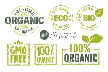 Organik gıda, çiftlik taze ve doğal ürünler çıkartmalar ve rozetleri toplama. Gıda pazarı, e-ticaret, restoran, sağlıklı yaşam ve üstün kaliteli yiyecek ve içecek promosyon için Vektör illüstrasyon.