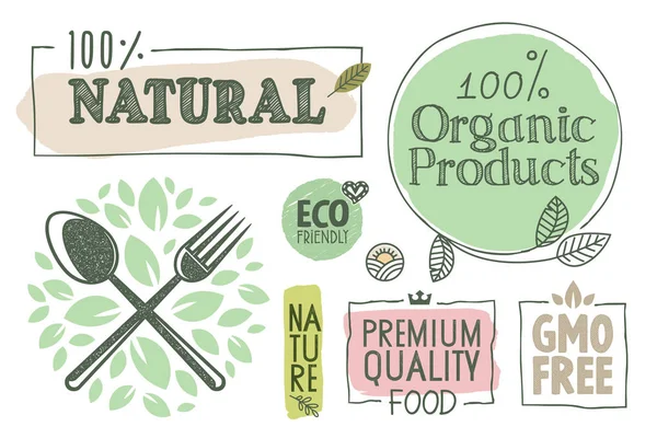 Collection Étiquettes Badges Sur Les Aliments Biologiques Les Produits Frais — Image vectorielle