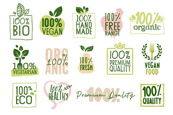 Organické Potraviny Čerstvé Přírodní Produkty Štítky Sbírky Vektorová Ilustrace Trhu — Stockový vektor