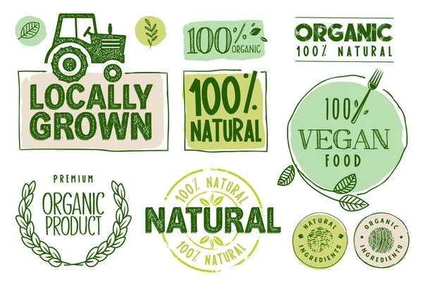 Biologische Voeding Boerderij Verse Natuurlijke Producten Stickers Etiketten Collectie Vector — Stockvector