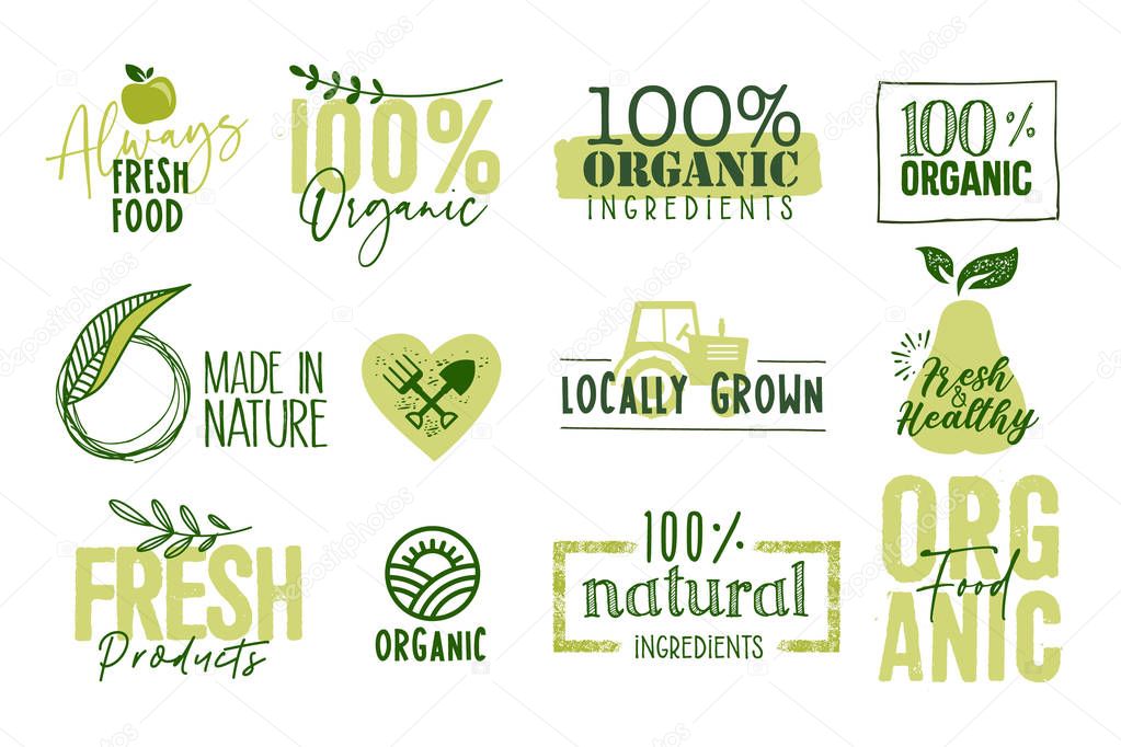 Organic food, farm fresh and natural products signs and labels collection. Vector illustration for food market, e-commerce, restaurant, healthy life and premium quality food and drink promotion.