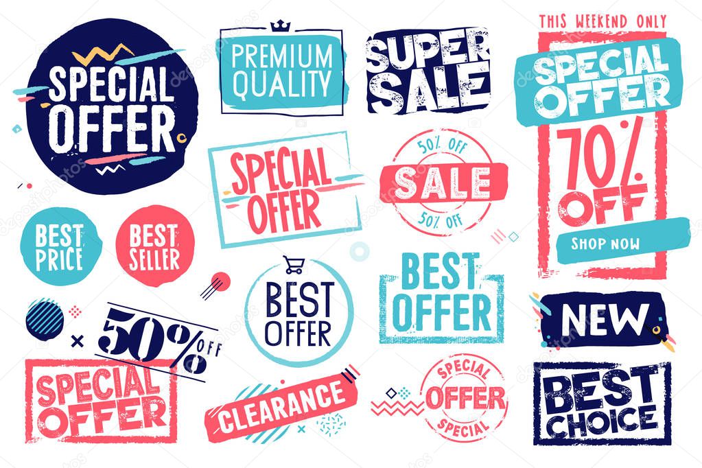 Set of labels and stickers for sale, product promotion, special offer, shopping, e-commerce. Isolated vector illustrations for web design and marketing material.