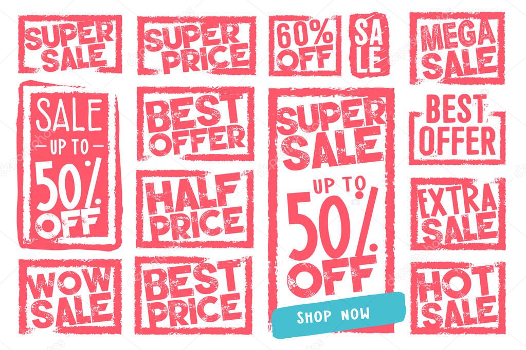Sale signs collection. Isolated vector illustrations for web design and marketing material, for product promotion, special offer, shopping, e-commerce.