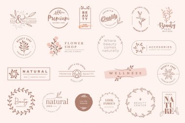 Set of vintage labels and badges for beauty, natural and organic products, cosmetics, spa and wellness, fashion. Vector illustrations for graphic and web design, marketing material, product promotions, packaging design. clipart