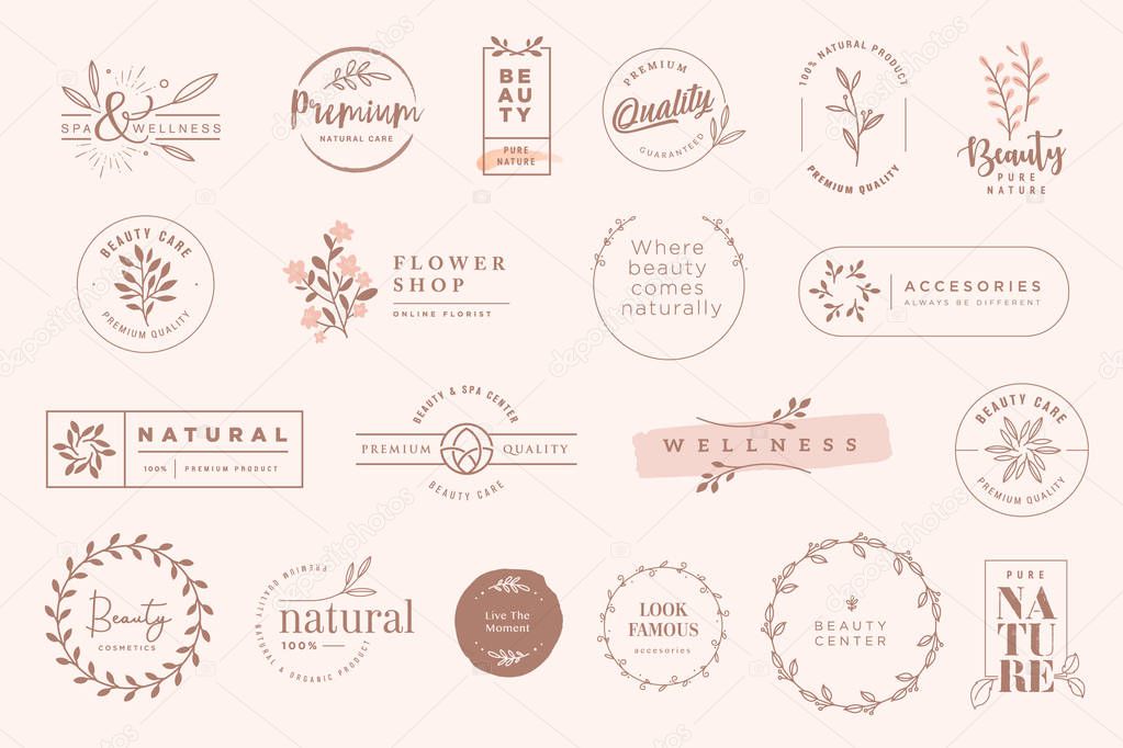 Set of vintage labels and badges for beauty, natural and organic products, cosmetics, spa and wellness, fashion. Vector illustrations for graphic and web design, marketing material, product promotions, packaging design.