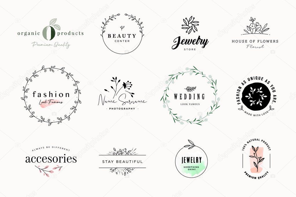 Set of elegant signs and badges for beauty, natural and organic products, cosmetics, spa and wellness, fashion, wedding and jewelry. Vector illustrations for graphic and web design, marketing material, packaging and logo design, invitation template.