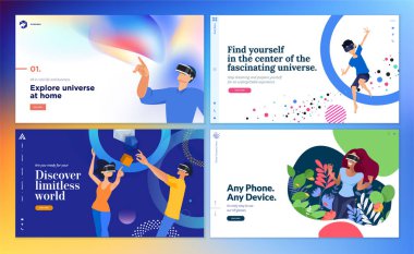Sanal gerçekliğin web tasarım şablonları. Web tasarımı ve geliştirme, uygulama geliştirme, Vr teknolojisi, eğlence, oyunlar, iş sunumu, pazarlama, eğitim için vektör illüstrasyon kavramı.