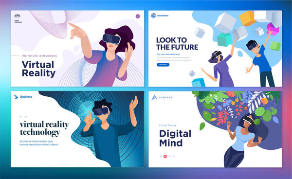 Web design templates of virtual reality. Vector illustration concept for web design and development, app development, VR technology, entertainment, games, business presentation, marketing, education.