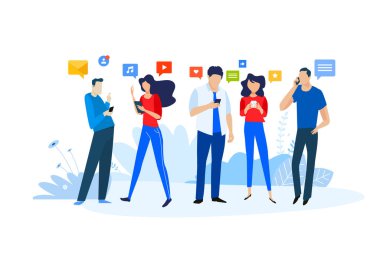 Sosyal medyanın, ağ oluşturmanın, internet camiasının, iletişimin düz tasarım çizimi. Web sitesi afişi, pazarlama materyali, iş sunumu, çevrimiçi reklamcılık için vektör kavramı.