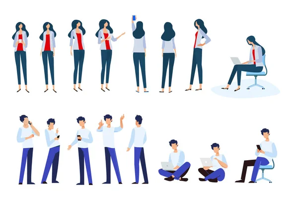 Flat Design Style Illustrations Woman Man Different Poses Use Electronic — Stock Vector