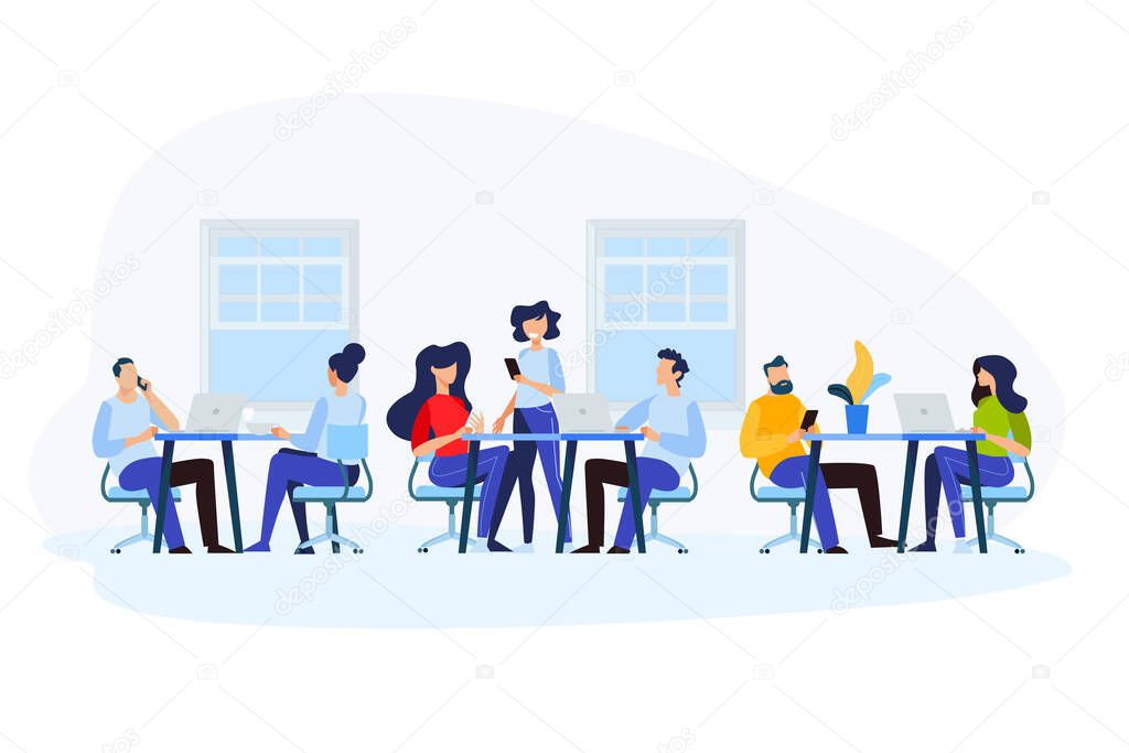 Flat design style illustration of office, workflow, our team, working day. Vector concept for website banner, marketing material, business presentation, online advertising.