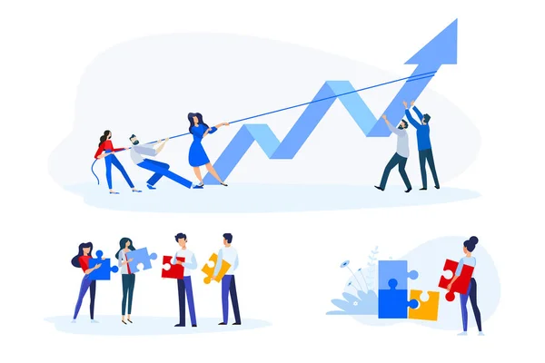 Design Plano Ilustrações Estilo Trabalho Equipe Oportunidades Negócios Soluções Sucesso —  Vetores de Stock