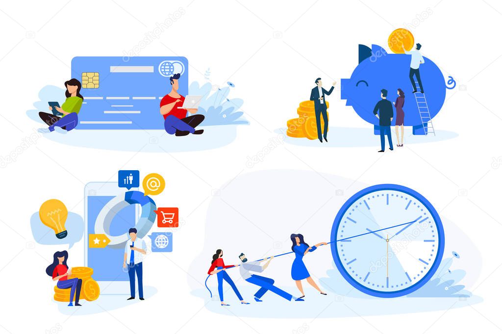 Flat design style illustrations of online payment, m-commerce, e-banking, time management, savings. Vector concepts for website banner, marketing material, business presentation, online advertising.
