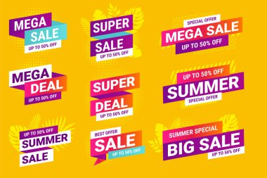 Yaz indirimi. Sosyal medya reklamları ve afişler için vektör illüstrasyonları, web sitesi rozetleri, pazarlama materyalleri, ürün promosyonları için etiketler ve etiketler, grafik şablonlar.