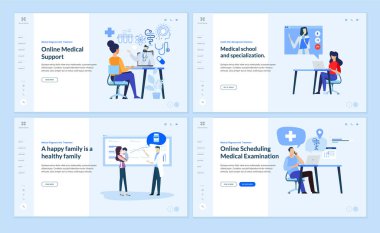 Tıp ve sağlık hizmetleri üzerine web sayfası tasarım şablonları. Web sitesi tasarımı ve geliştirmesi için vektör illüstrasyonları.