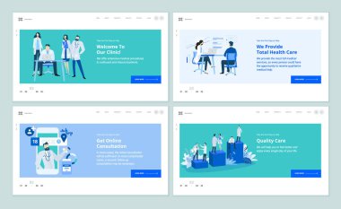 Tıp ve sağlık hizmetleri üzerine web sayfası tasarım şablonları. Web sitesi tasarımı ve geliştirmesi için vektör illüstrasyonları.