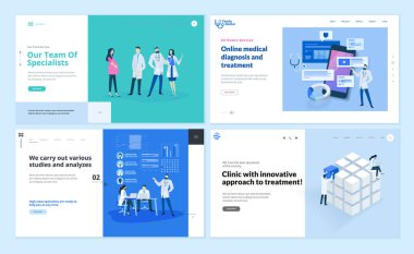 Tıp ve sağlık hizmetleri üzerine web sayfası tasarım şablonları. Web sitesi tasarımı ve geliştirmesi için vektör illüstrasyonları.