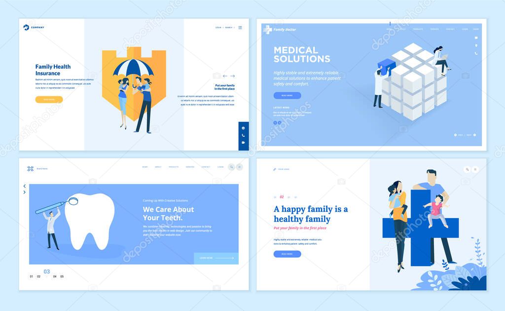 Set of web page design templates on medicine and health care. Vector illustrations for website design and development.