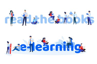 Kitapları okuyun ve e-öğrenin. Grafik ve web tasarımı için vektör illüstrasyon kavramları, pazarlama materyali, iş sunum şablonları, çevrimiçi eğitim, kitap mağazası ve kütüphane, e-kitap.