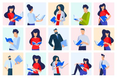 Farklı insanların vektör çizimleri kitap okuyor. Grafik ve web tasarımı, pazarlama materyali, iş sunum şablonları, eğitim, kitapçı ve kütüphane kavramları, e-kitap.