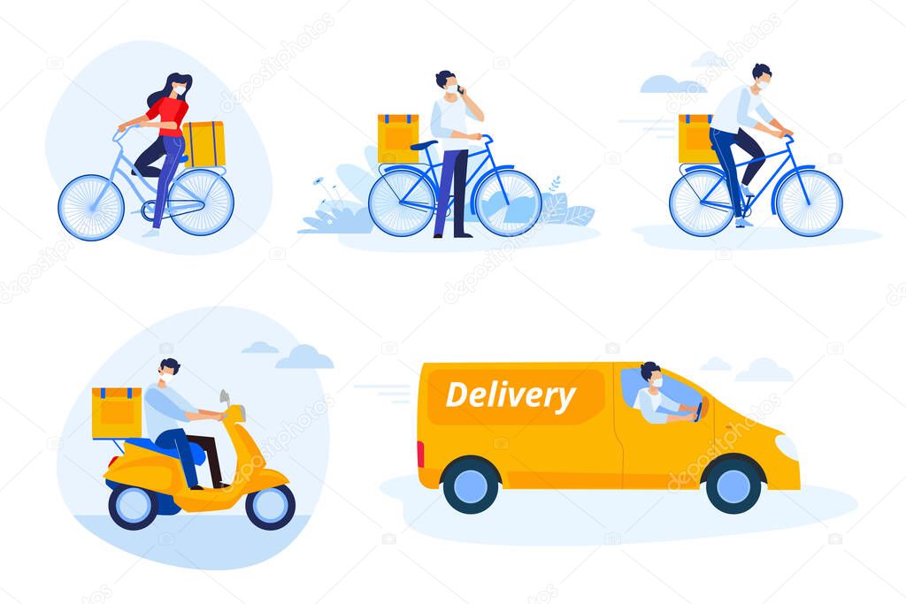 Delivery. Set of flat design vector illustrations on the topic of delivery, courier service, transport, e-commerce and delivery of products purchased online. Concepts for graphic and web design.