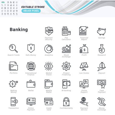 İnce çizgili bankacılık simgeleri. Kaliteli taslak semboller, düzenlenebilir felç. Piksel mükemmel. Web sitesi ve uygulama geliştirme, iş sunumu, pazarlama materyali için vektör illüstrasyonları. 