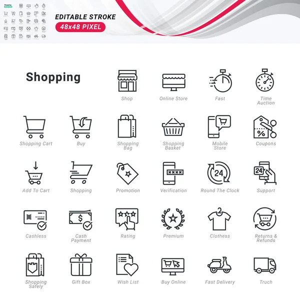 Linea Sottile Icone Set Shopping Simboli Contorno Qualità Premium Tratto — Vettoriale Stock