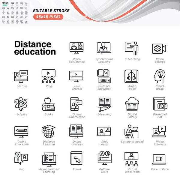 Sottile Linea Icone Set Istruzione Distanza Simboli Contorno Qualità Premium — Vettoriale Stock