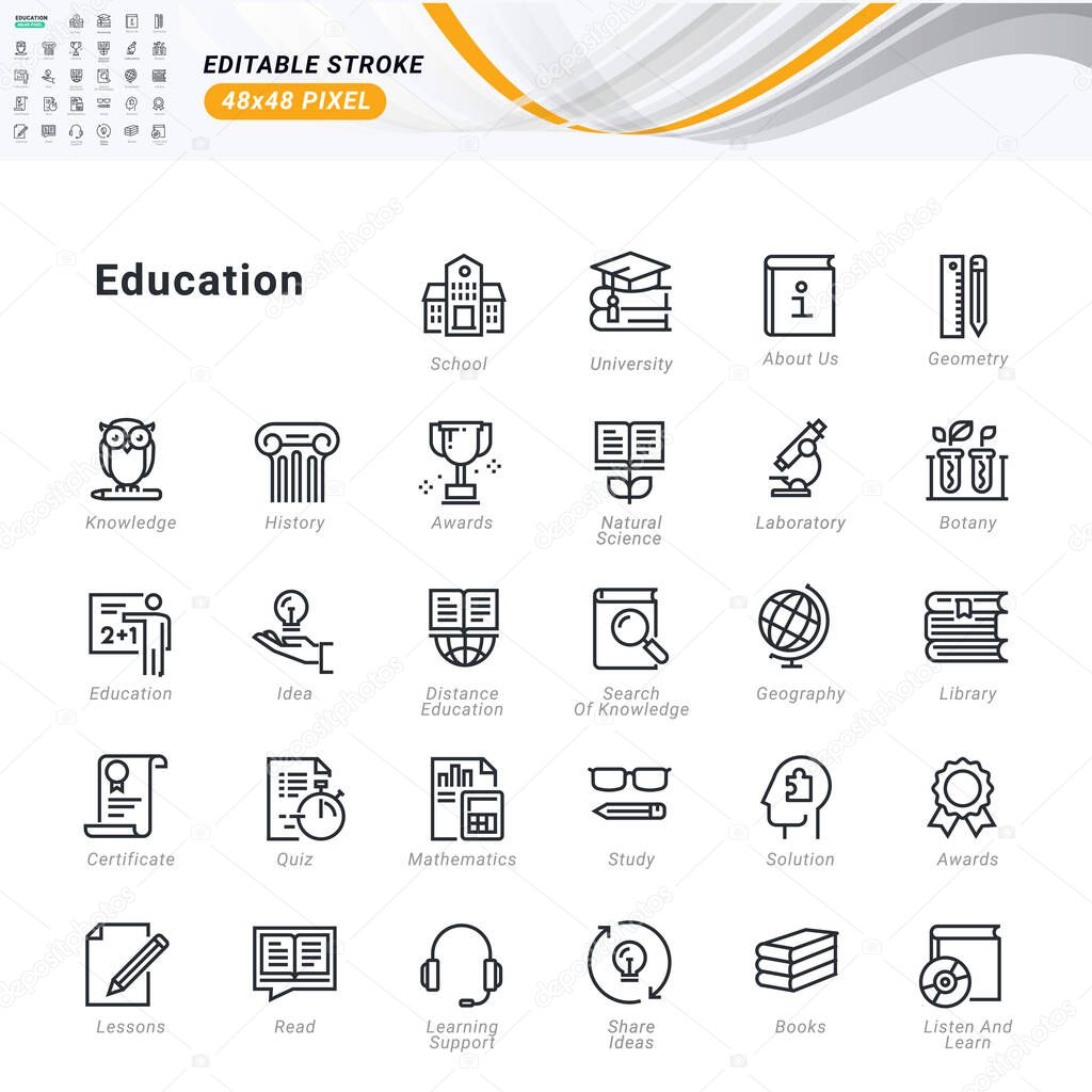 Thin line icons set of education. Premium quality outline symbols, editable stroke. Pixel perfect. Vector illustrations for website and app development, business presentation, marketing material. 