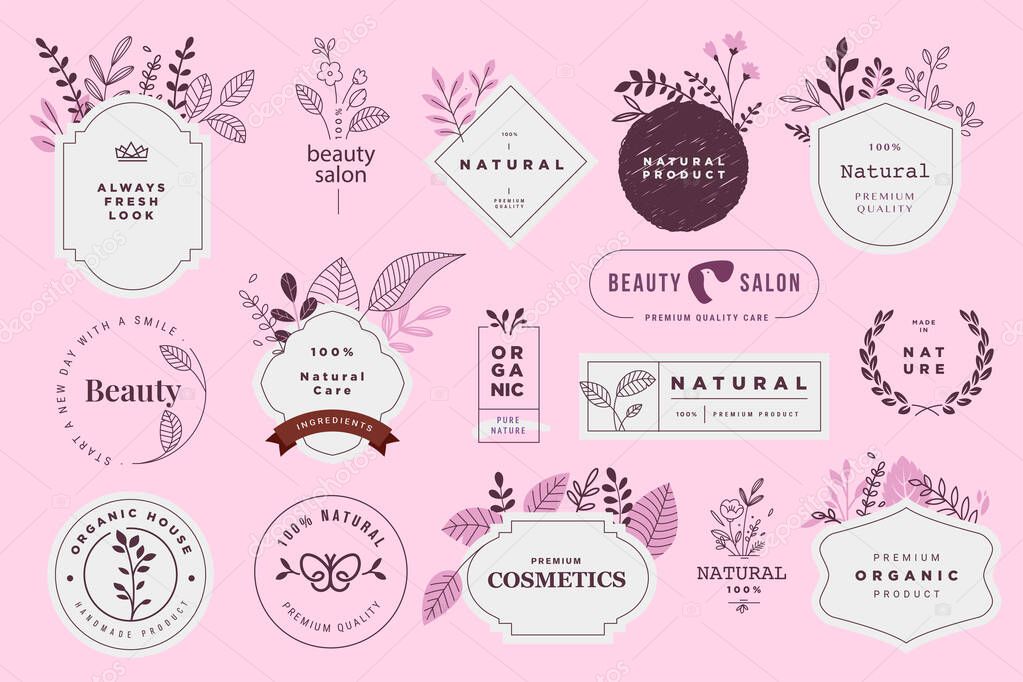 Set of signs for organic and natural cosmetics and beauty products . Vector illustrations for products promotion, packaging design, web design, business presentation, marketing material.