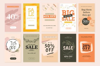 Sosyal medya satışı afişleri ve web reklamları ayarlandı. Web sitesi ve mobil pankartlar için vektör illüstrasyonları, yazdırma materyali, haber dizaynı, kuponlar, pazarlama.