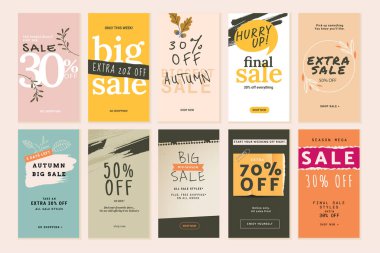 Mobil satış afişleri. Sonbahar indirimi. Web sitesi ve mobil pankartlar için vektör illüstrasyonları, yazdırma materyali, haber dizaynı, kuponlar, pazarlama.