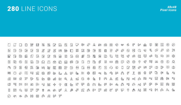 Set of thin line icons of business and office, project development and teamwork, digital communications, business people concepts. Pixel perfect icons for graphic and web design.