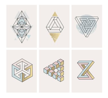 Soyut geometrik şekilleri olan posterler. Sanat baskısı, duvar sanatı, ev ve ofis dekorasyonu, iç tasarım, web ve sosyal medya afişleri için modern minimalist kavramlar, kapak şablonu.