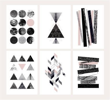 Soyut geometrik şekilleri olan posterler. Sanat baskısı, duvar sanatı, ev ve ofis dekorasyonu, iç tasarım, web ve sosyal medya afişleri için modern minimalist kavramlar, kapak şablonu.