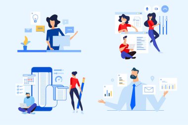 Bir grup iş adamı kavramı. Çevrimiçi çalışma, sosyal medya, video toplantısı, iş planlaması, takım yönetimi illüstrasyonları.