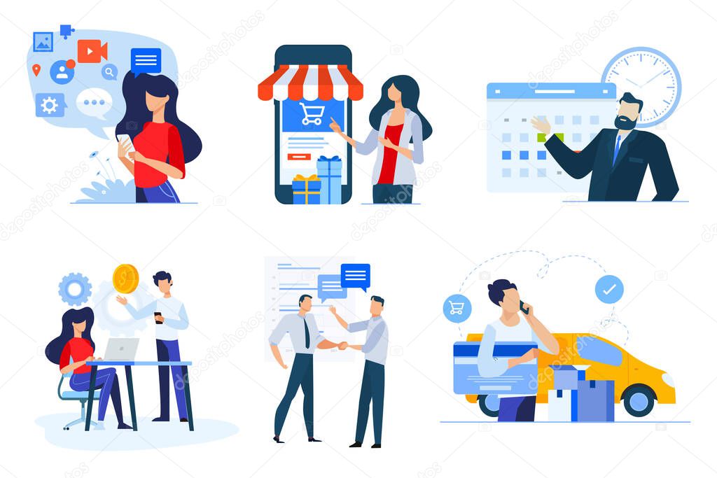Set of business people concepts. Vector illustrations of m-commerce, social media, project management, events, consulting, shopping