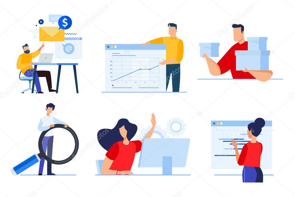Set of business people concepts. Vector illustrations of data analytics, business presentation, planning, social media, human resources, delivery, seo.