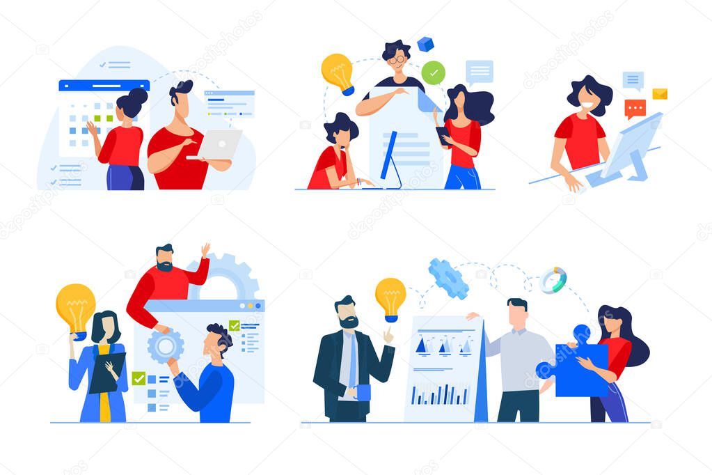 Set of business people concepts. Vector illustrations of startup, time management, project workflow, business plan, brainstorming, internet communication, teamwork.