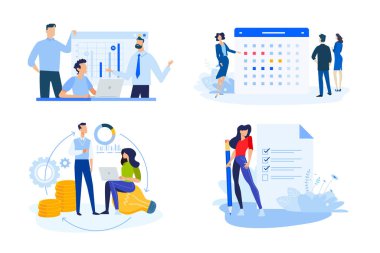 İnsanların konsept çizimleri. İş uygulaması, danışmanlık, etkinlik, kitle fonlaması temsilciliği, yapılacaklar listesi.