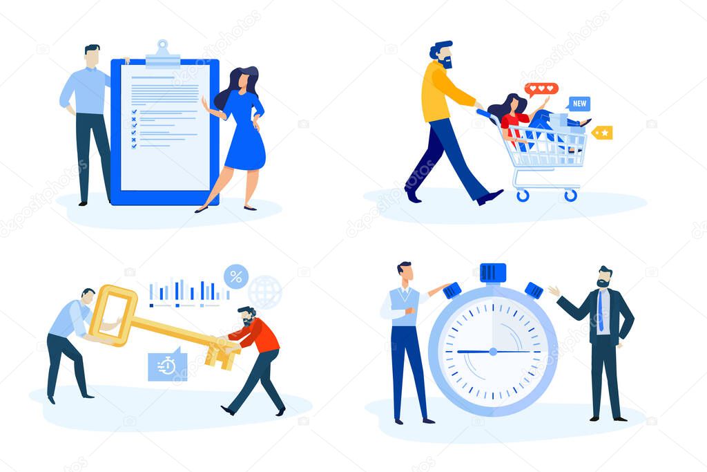 Set of people concept illustrations. Vector illustrations of shopping, key account, time management, survey .