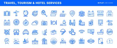 Seyahat, turizm ve otel hizmetlerinin simgeleri. Web sitesi ve uygulama tasarımı ve geliştirilmesi için vektör kavramları.