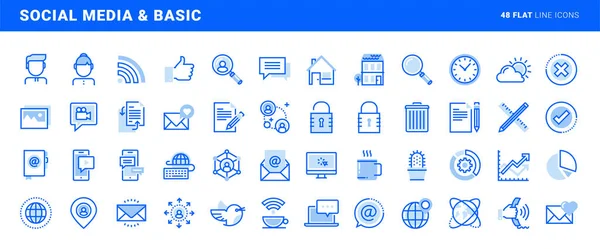 Set Social Media Basic Office Flat Line Icons Vector Concepts — Stock Vector