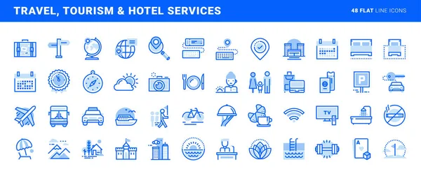 Zestaw Płaskich Ikon Podróży Turystyki Usług Hotelowych Koncepcje Wektorowe Dla — Wektor stockowy