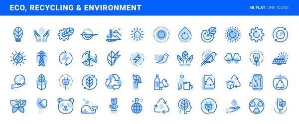 Set Icone Linea Piatta Ambiente Tecnologia Verde Energie Rinnovabili Riciclaggio — Vettoriale Stock