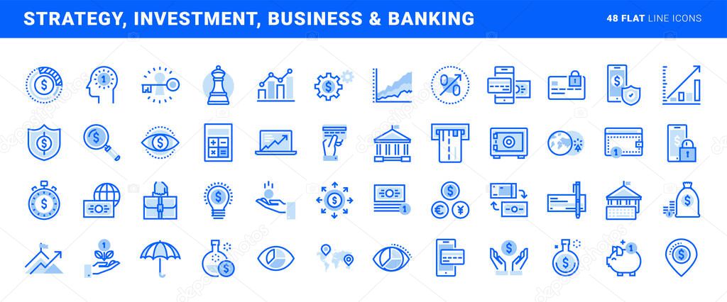 Set of flat line icons of strategy, investment, business and banking. Vector concepts for website and app design and development.